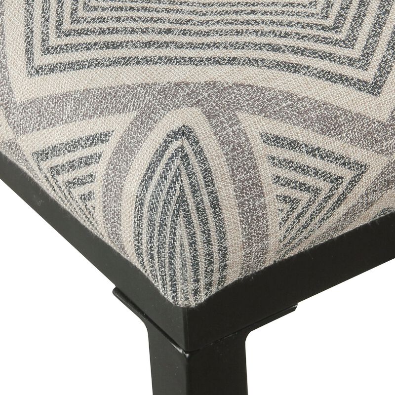 Metal Counter Stool with Geometric Pattern Fabric Upholstered Seat, Gray and Black - Benzara