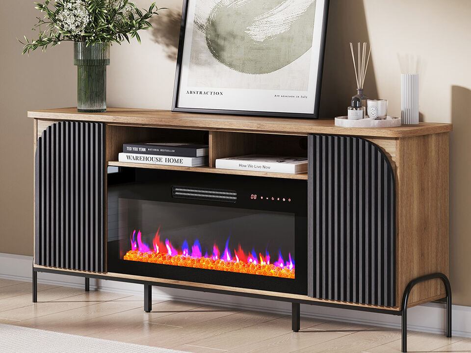BELLEZE 68 Inch Fluted TV Stands with 36" Electric Fireplace,?Modern Fluted Entertainment Center with Open Storage Shelves& Cabinets, Media Console TV Cabinet For Living Room Bedroom (Camel)