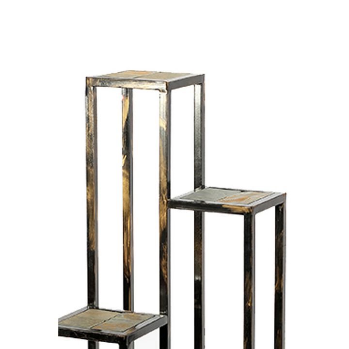 4 Tier Cast Iron Frame Plant Stand with Stone Topping, Black and Gold-Benzara