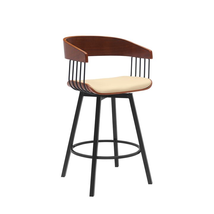 Vera 27 Inch Swivel Counter Stool Chair, Brown Open Back Cream Faux Leather - Benzara