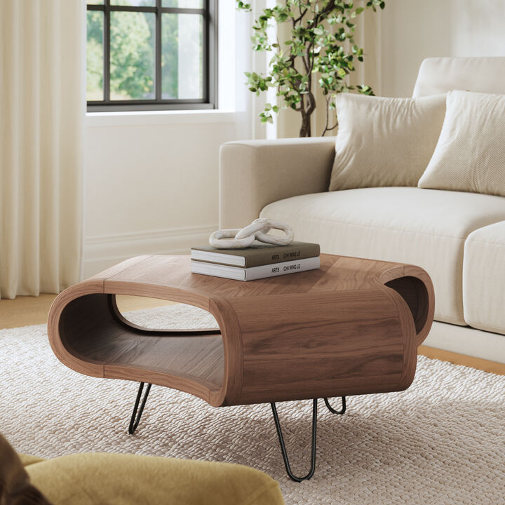 37 Inch Coffee Table, Handcrafted Curved Hexagon Shape with Open Shelf, Natural Brown Acacia Wood, Iron Legs - Benzara