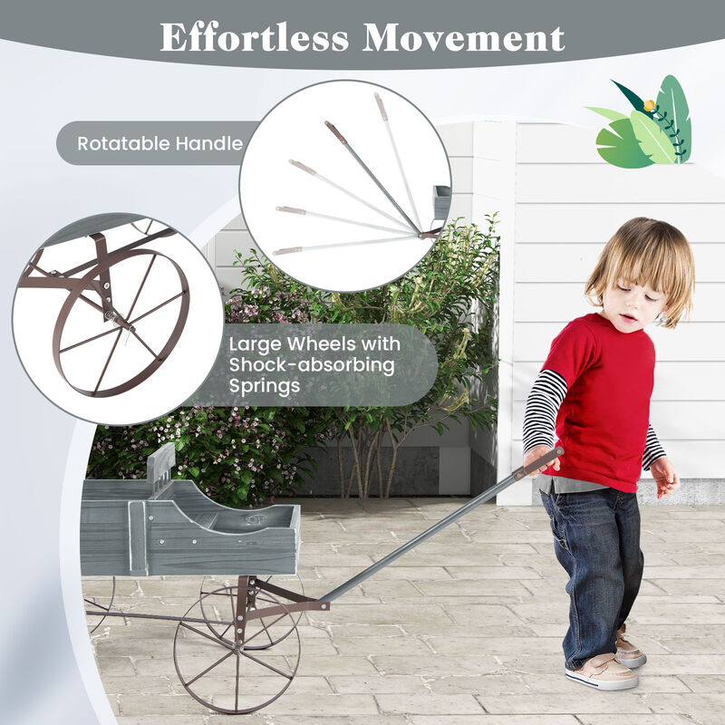 Wooden Wagon Plant Bed With Wheel for Garden Yard