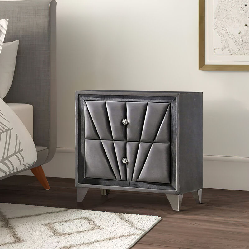 2 Drawer Fabric Frame Nightstand with Tufted Accent, Gray-Benzara