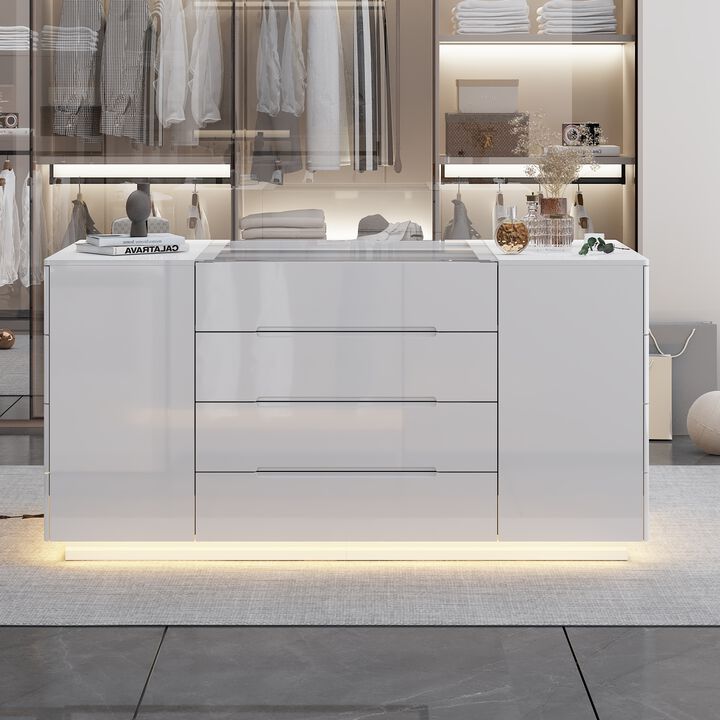 Armoire Bedroom Island with LED Light, Glass Tabletop & Storage Organizer, Wardrobe Closet with 16 Handle-Less Drawers, Walk-in Closet Island Dresser for Bedroom Shops, White