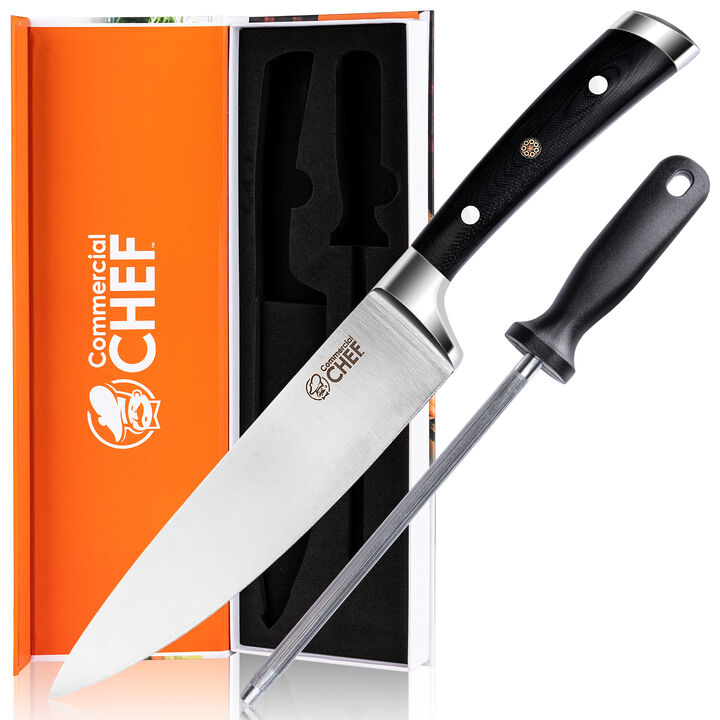 Commercial Chef Pro Chef Knife 8 inch Blade with Triple Rivet Ergonomic G10 Handle with Knife Sharpener - 7Cr17Mov High Carbon Stainless Steel Forged Chef's Knife Razor Sharp Full Tang Sharp