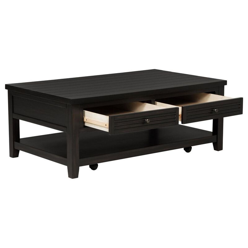 Coni Coffee Table, 2 Drawers, 1 Shelf, Black Wood Frame, 48 Inch - Benzara