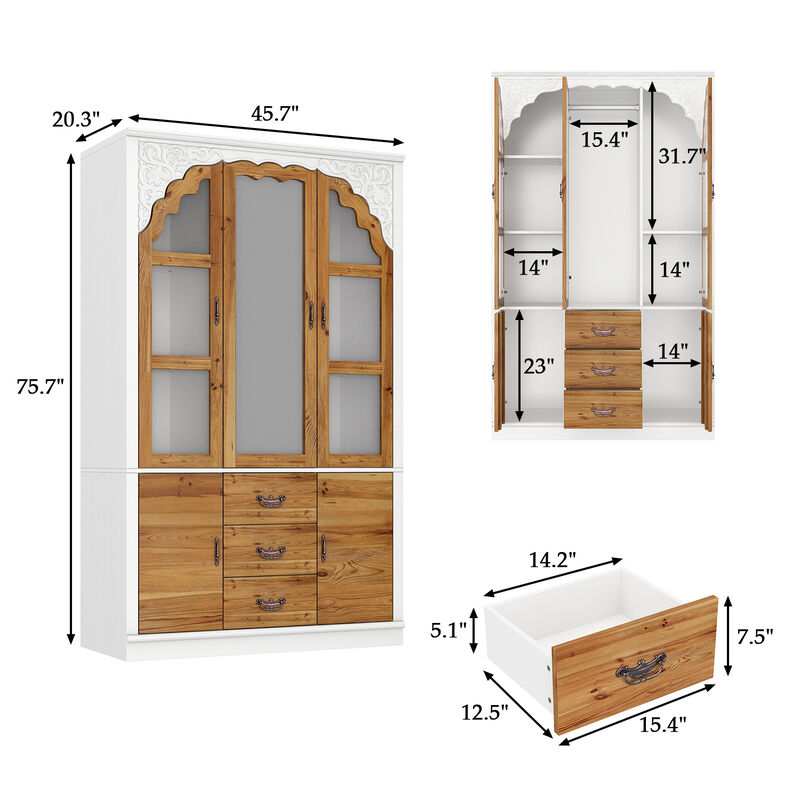 75.7 in. H Paint Finish Wooden Accent Storage Cabinet in Brown and White, Rustic Style, With Mirror Doors and Drawer