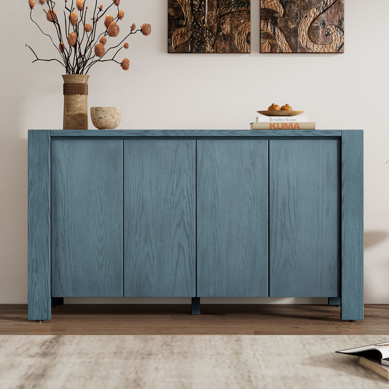 Clihome Buffet Cabinet with Storage, 4-Door Retro Wood Sideboard with Distressed Finish and Adjustable Shelves for Dining Room, Kitchen, and Living Room (Navy)