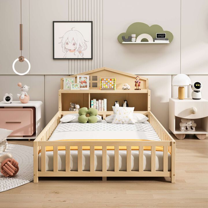 Full-size Montessori Floor Bed with Bookcases and Blackboards, Versatile Platform Beds with Guard rails, Solid Wood Floor Beds with Storage Headboards, Floor Beds for Kids and Teens