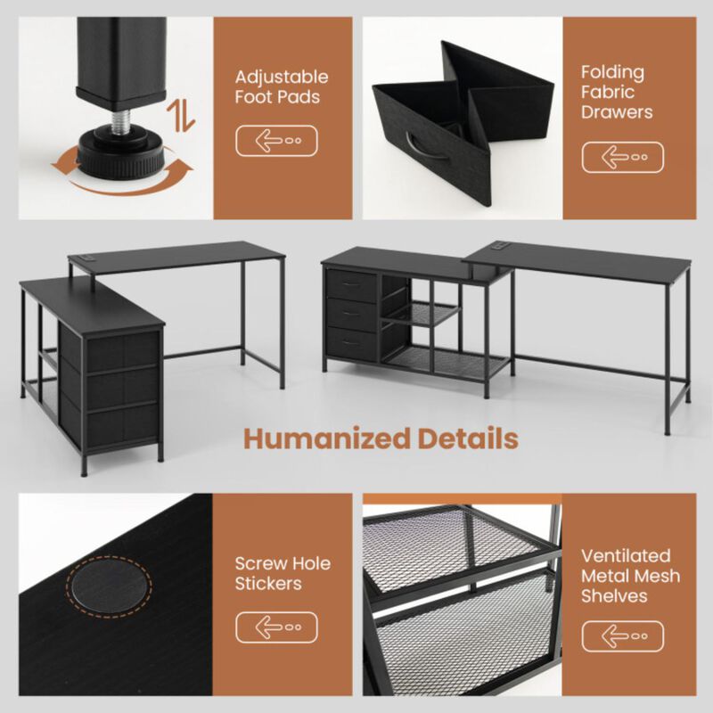 Hivvago L-shaped Computer Desk with Power Outlet for Working Studying Gaming