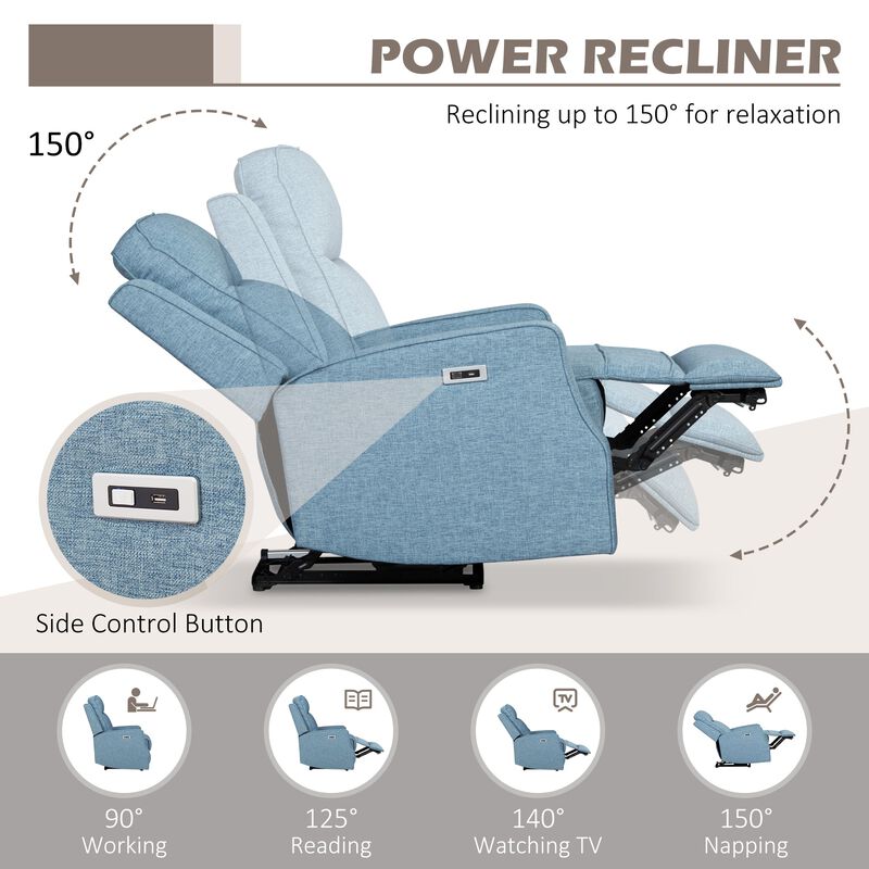 Blue Power Recliner: Wall Hugger Chair with Linen Upholstery