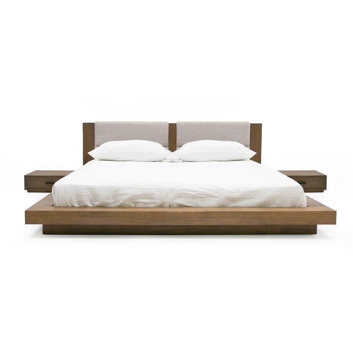 Noe Col Queen Platform Bed, Upholstered, 2 Nightstands, Walnut Brown, Gray - Benzara