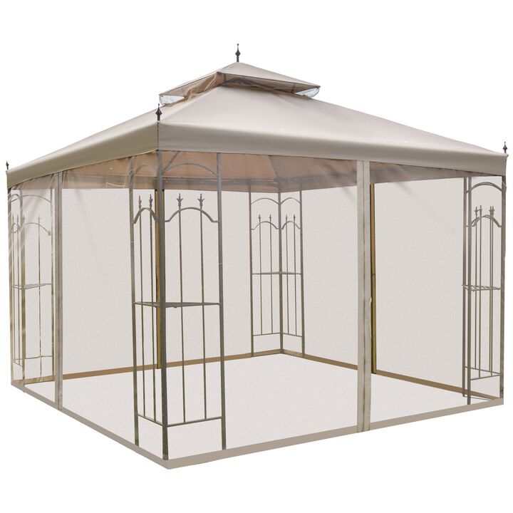 Brown Outdoor Haven: 10x10 Steel Patio Gazebo with Mesh Curtains