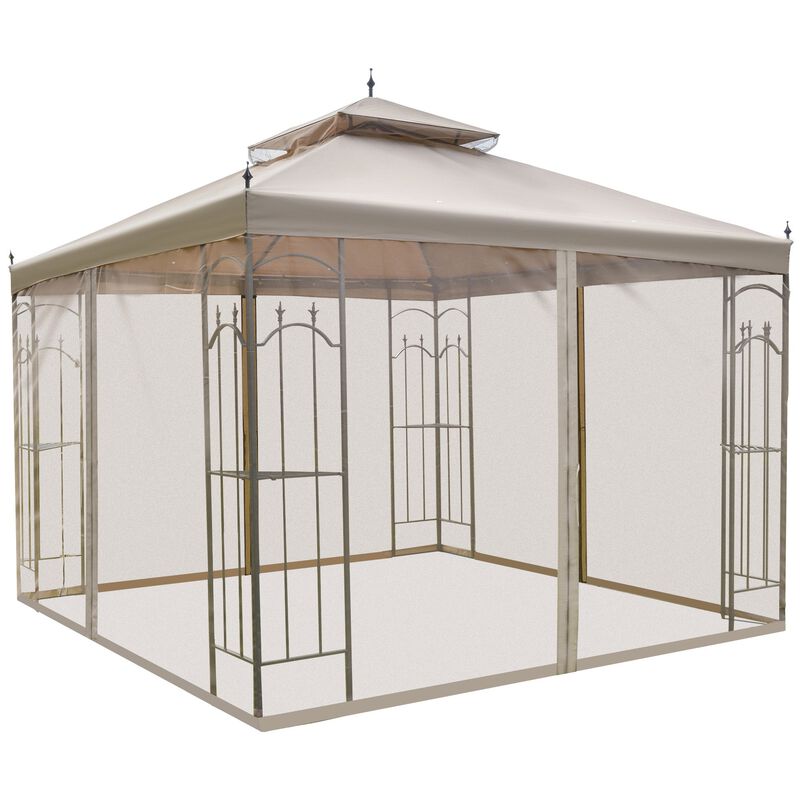 Brown Outdoor Haven: 10x10 Steel Patio Gazebo with Mesh Curtains