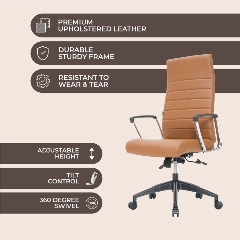 LeisureMod Hilton Modern High Back Leather Conference Office Chair with Adjustable Height & Swivel – Ergonomic and Stylish Office Seating