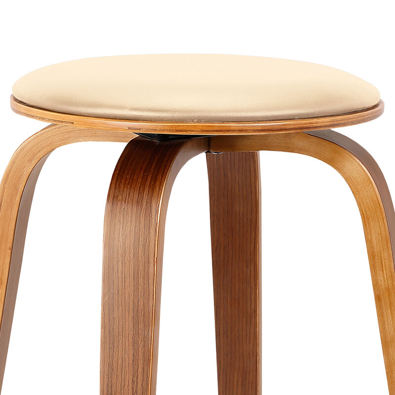Harbor Bar Height Backless Swivel Brown Faux Leather and Walnut Wood Mid-Century Modern Bar Stool