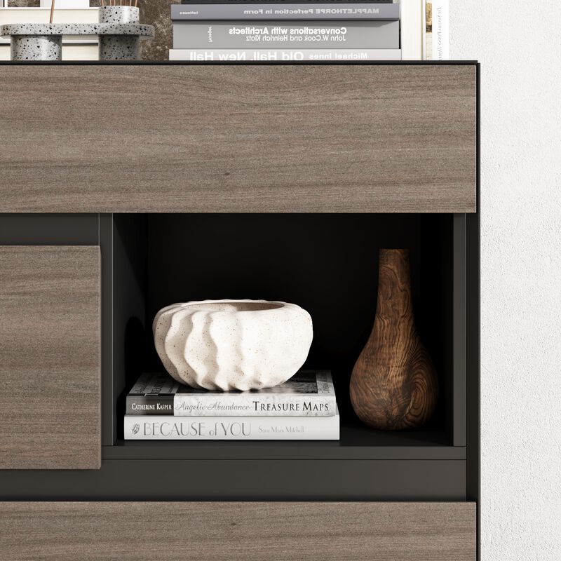 FUFU&GAGA Modern 6-Drawer Sideboard with Open Storage, Black and Rustic Wood Finish (63" W x 15.9" D x 30" H),Brown