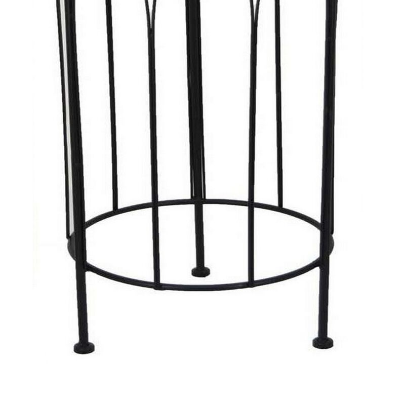 Lyi Plant Stand Table Set of 3, Round Carved Cutout, Wired Base Black Metal - Benzara