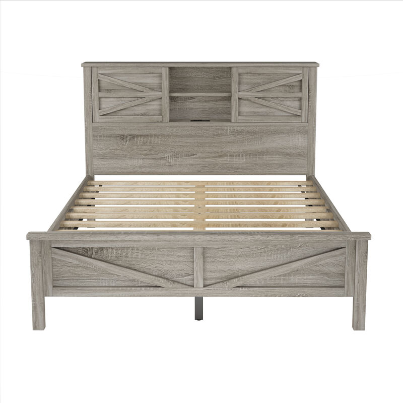 Merax Farmhouse Platform Bed with Charging Station