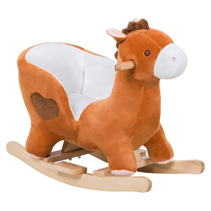 Brown/White Musical Mount: Wooden Plush Rocking Horse for Toddlers