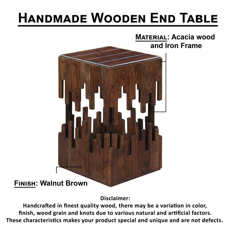 24 Inch Accent Side End Table, Brown Acacia Wood, Slatted Square Top, Handcrafted Abstract Silhouette, Black Iron - Benzara