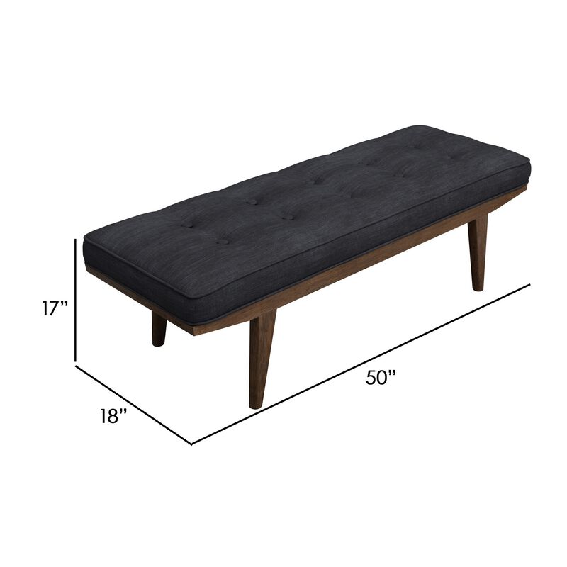 50 Inch Classic Bench, Button Tufted Taupe Fabric, Brown Wood Angled Legs-Benzara