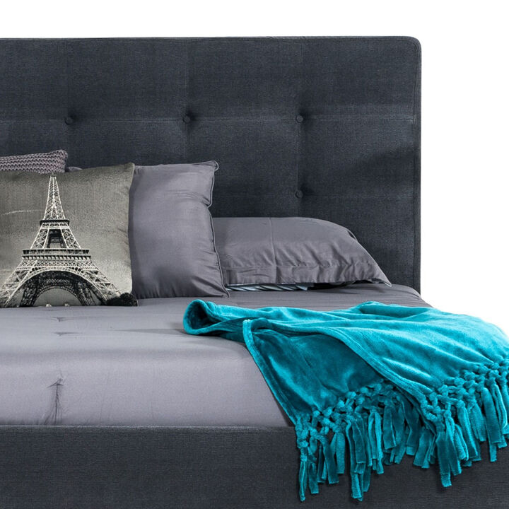 Adia Platform King Bed, Dark Gray Button Tufted Polyester Upholstery - Benzara