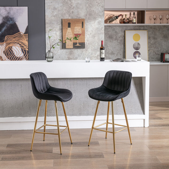 Set of 2 Bar Stools, with Chrome Footrest Velvet Fabric Counter Stool Golden Leg Simple Bar Stool