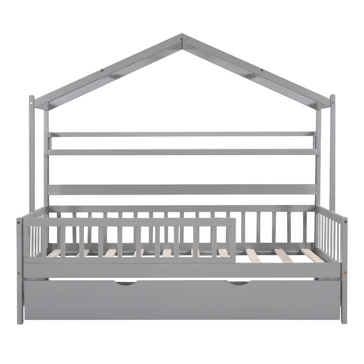 Merax Wooden House Bed with Twin Size Trundle