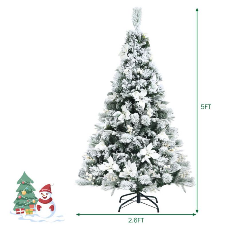 Snow Flocked Christmas Pencil Tree with Berries and Poinsettia Flowers