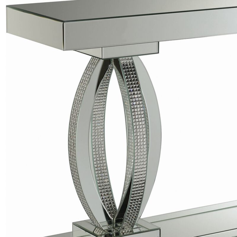 Mirrored Wooden Sofa Table with Curved Base and 1 Open Shelf, Silver-Benzara