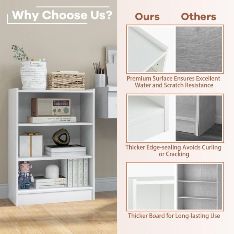 Hivvago 3-Tier Bookcase Open Display Rack Cabinet with Adjustable Shelves-White
