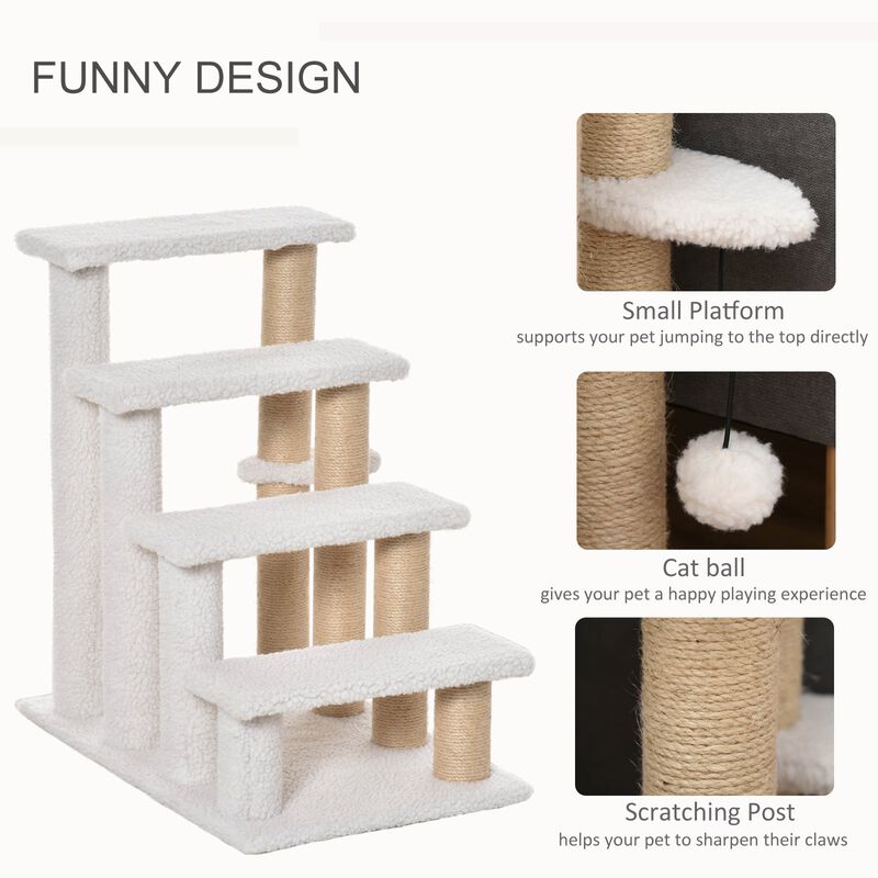 White Pet Climber: 4-Level Carpeted Cat Stairs with Scratching Posts