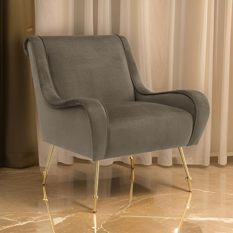 Rik 31 Inch Accent Armchair, Metal Legs, Velvet, Truffle Brown and Gold - Benzara