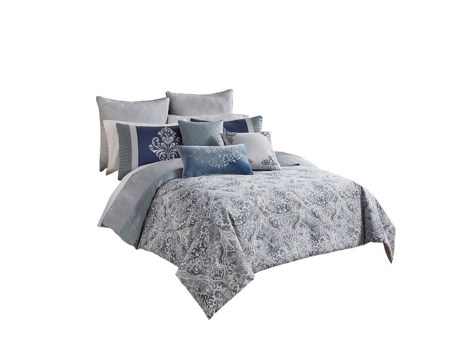 9 Piece Queen Polyester Comforter Set with Damask Prints, Blue and Gray - Benzara