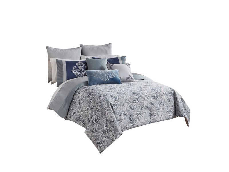 9 Piece Queen Polyester Comforter Set with Damask Prints, Blue and Gray - Benzara