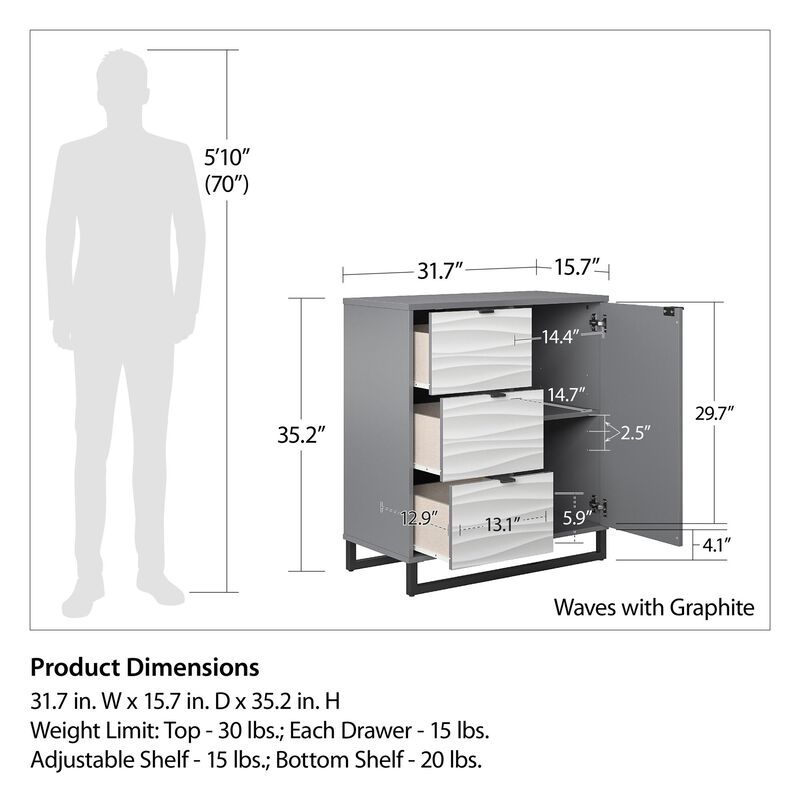 Ameriwood Home Monterey 1 Door / 3 Drawer Accent Cabinet, Faux Wave and Graphite Gray
