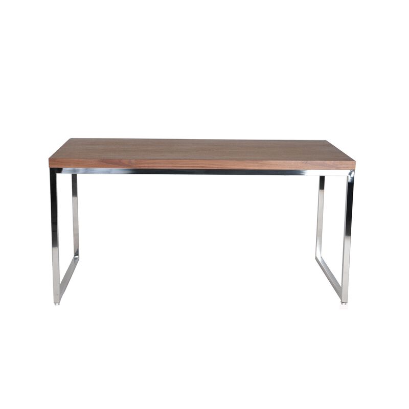 Rami 59 Inch Office Desk, Rectangular Top, Walnut Brown Wood, Steel Frame - Benzara