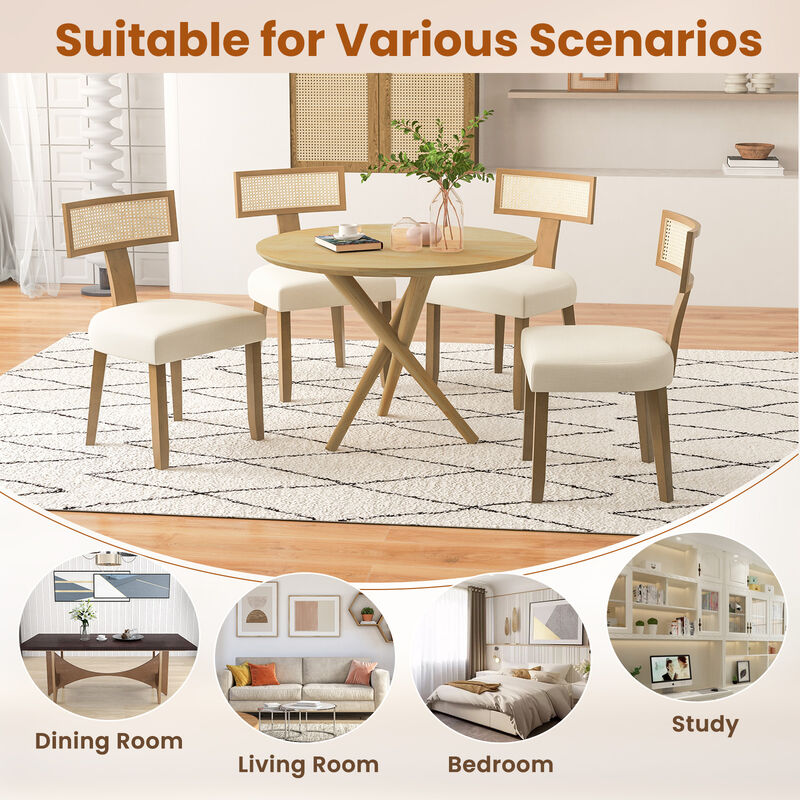 Set of 2 Linen Fabric Upholstered Accent Dining Chairs with Curved Rattan Backrests