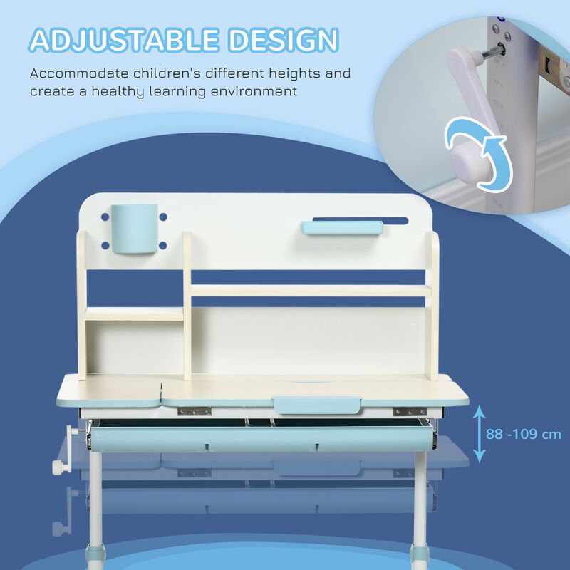 Blue Kids' Workstation: Adjustable Desk Set with Tilt Top & Drawer