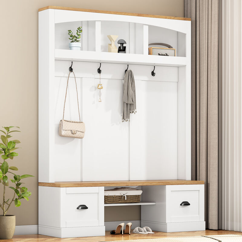 Merax Farmhouse 4-in-1 Hall Tree with Wood Grain Bench