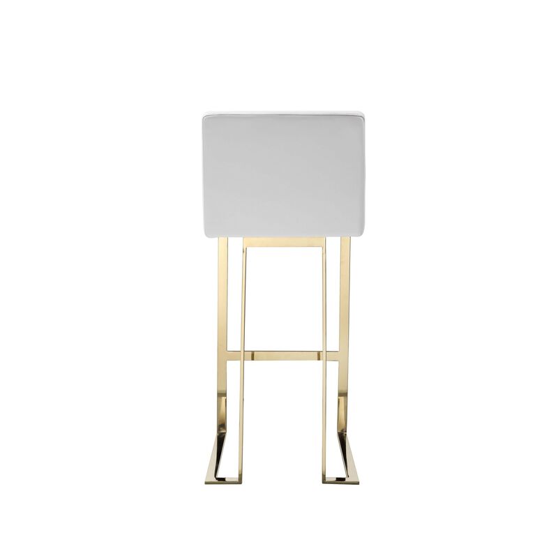 Boly 30 Inch Barstool Chair, Cushioned White Faux Leather, Gold Cantilever - Benzara