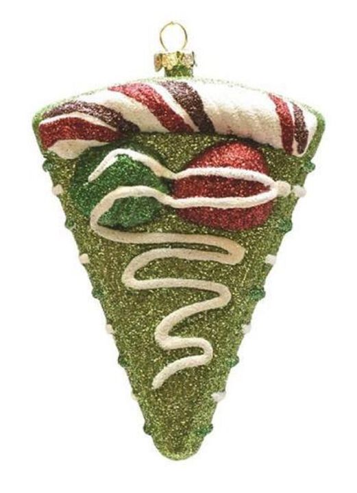 5" Green and White Glitter Shatterproof Birthday Cake Slice Christmas Ornament