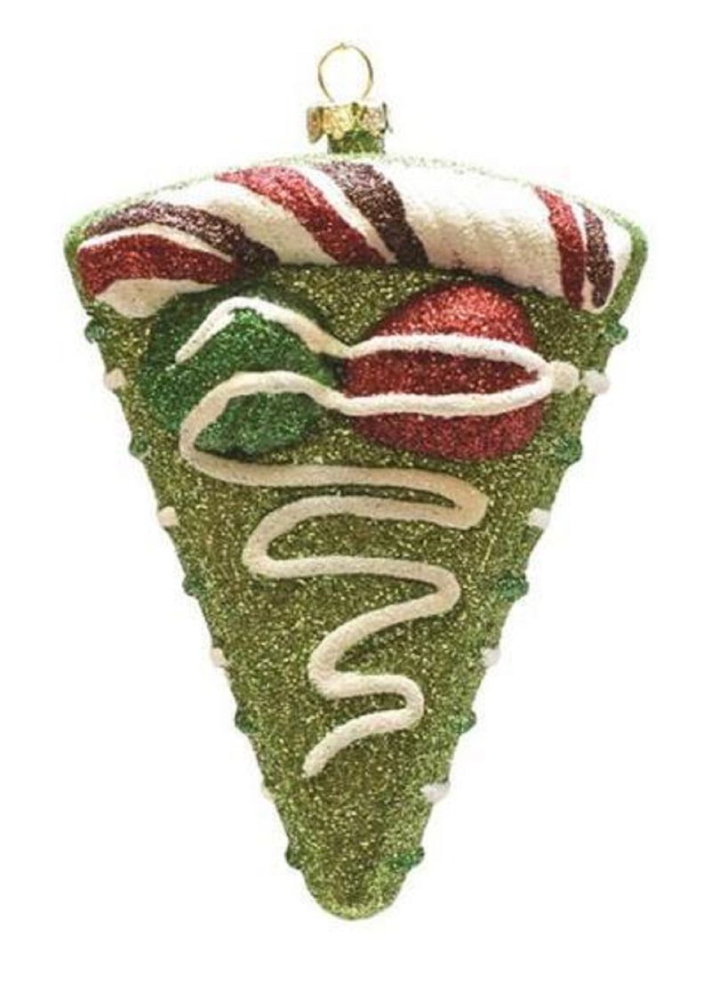 5" Green and White Glitter Shatterproof Birthday Cake Slice Christmas Ornament