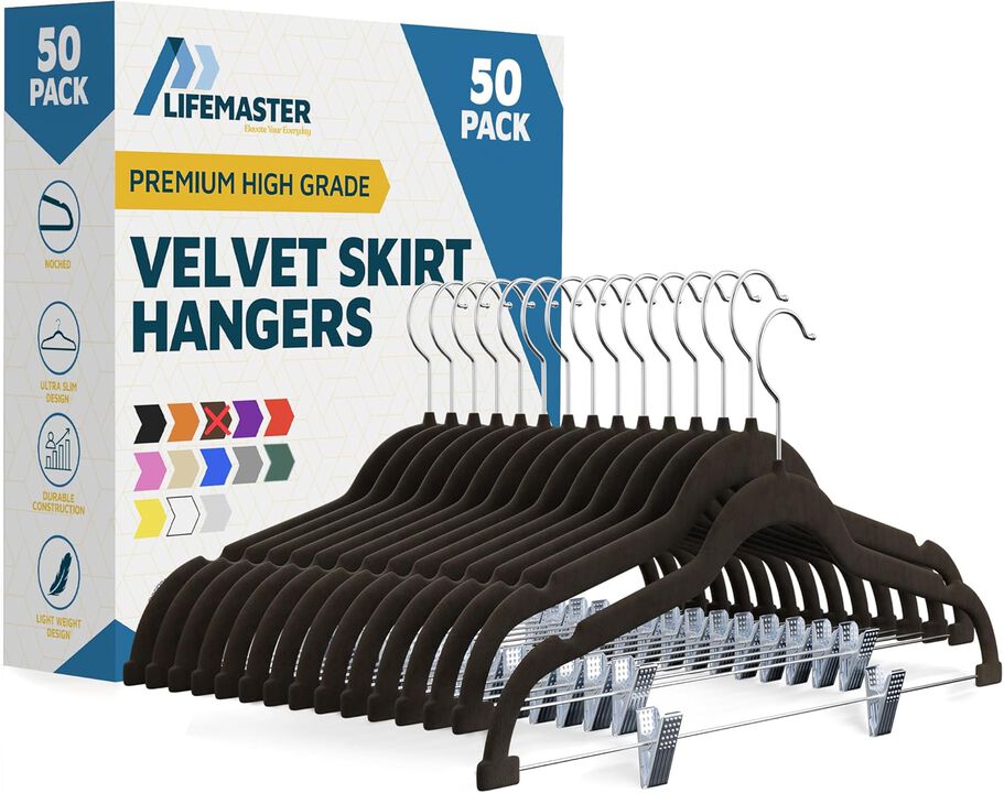 Velvet Skirt Hangers – with Adjustable Clips, 360 Degree Swivel Hook, and Non-Slip Shoulder Notch, Holds Up to 10 lbs, for Organizing Skirt, Pants, Dress, and Clothes, Pack of 50, Green
