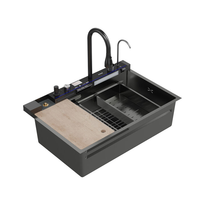 FUFU&GAGA PVD 304 Stainless Steel Bathroom Sink with Cutting Board, Drain Rack, and Smart Faucet,(33.1" W x 22" D x 9.8" H),Black