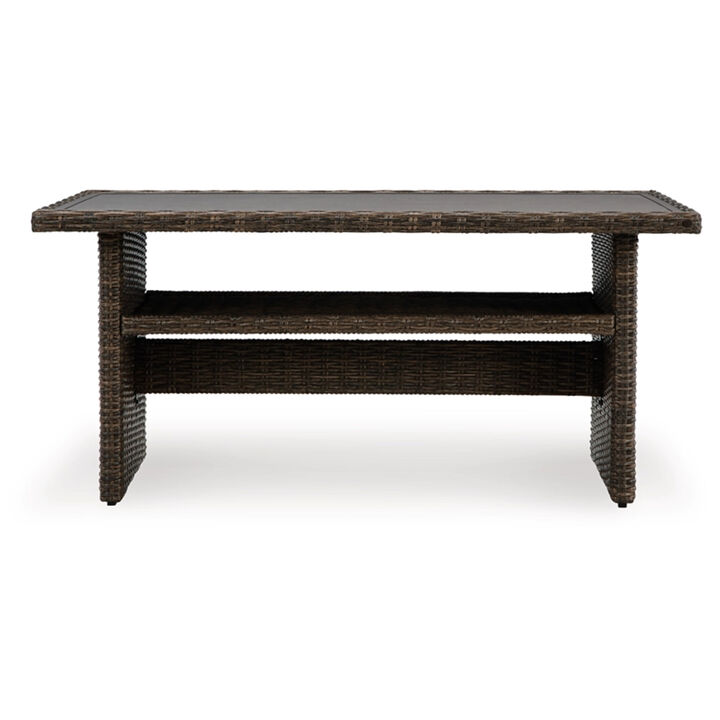 Soha 59 Inch Outdoor Multi Use Dining Table, Resin Wicker with Shelf, Brown - Benzara