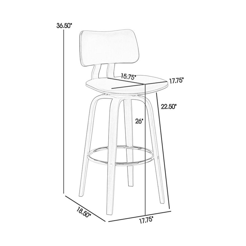 Pino 26 Inch Swivel Counter Stool Chair, Gray Faux Leather, Walnut Brown - Benzara