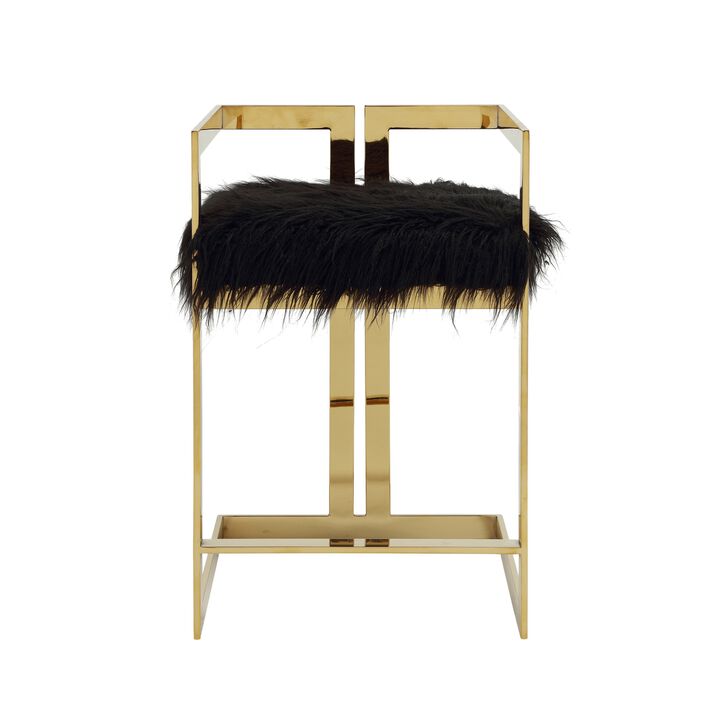 Suki 26 Inch Barstool Chair, Black Faux Fur Seat, Stainless Steel, Gold - Benzara