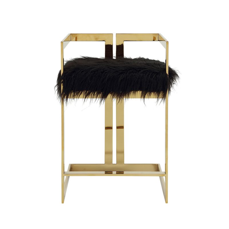 Suki 26 Inch Barstool Chair, Black Faux Fur Seat, Stainless Steel, Gold - Benzara